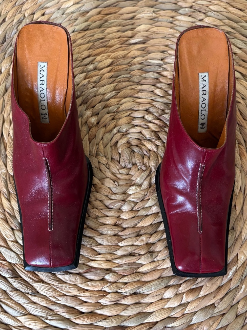 MARAOLO Oxblood Red Leather Square Toe Heeled Mule / ITALY Vero Cuoio 37.5
